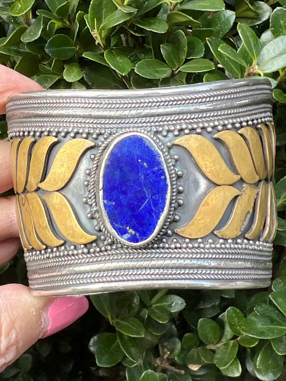 VINTAGE 925 STERLING SILVER OVAL LAPIS WIDE CUFF BRACELET HEAVY ARTISAN UNIQUE